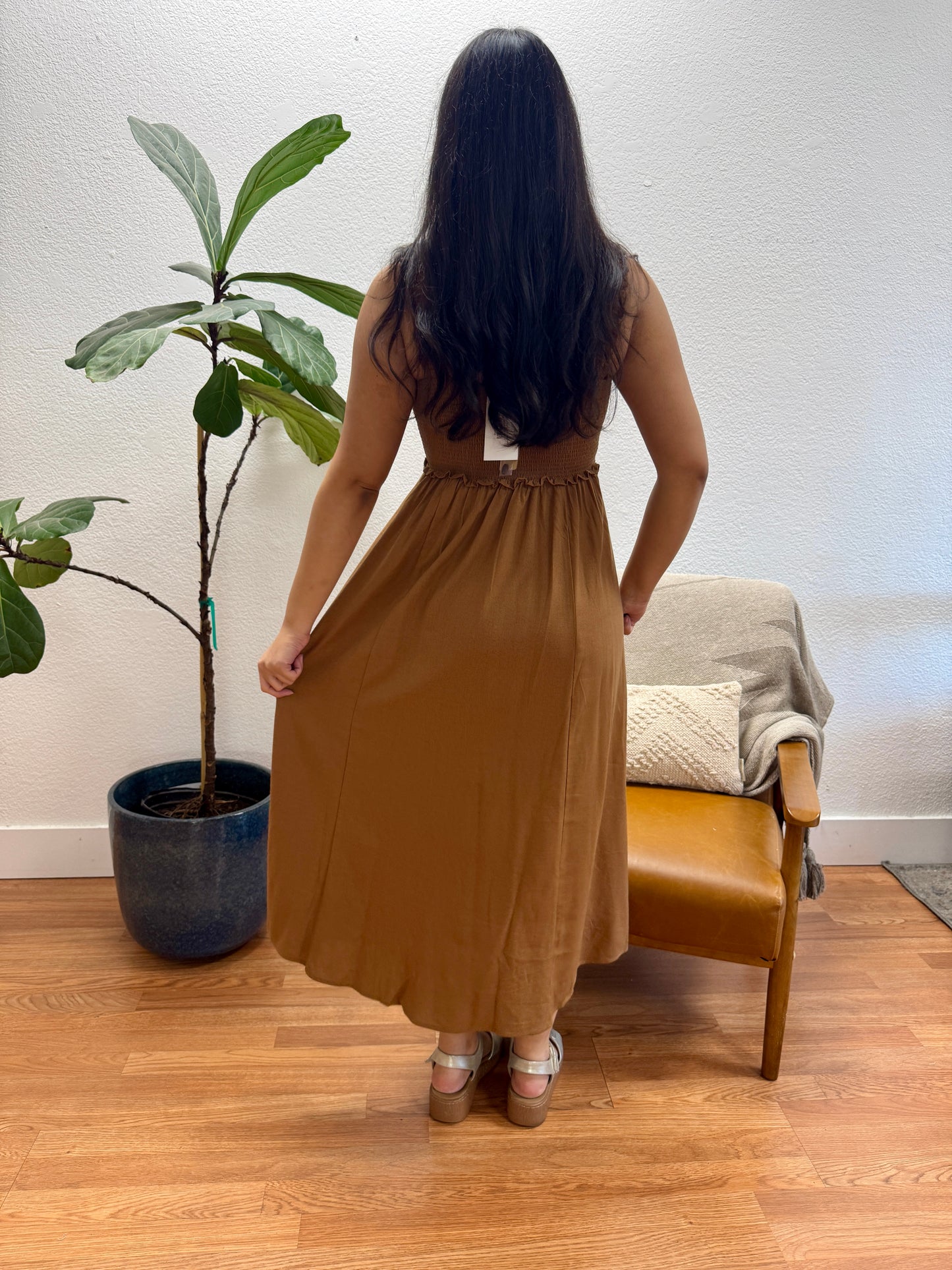 Light Brown Button Down Midi Dress