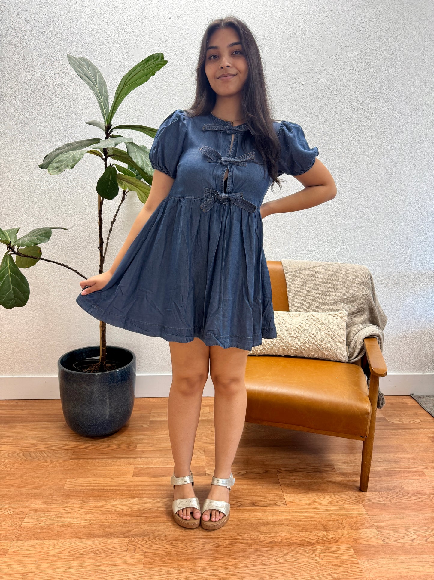 Chambray Puff Sleeve Mini Dress