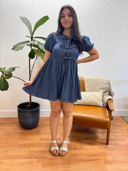 Chambray Puff Sleeve Mini Dress