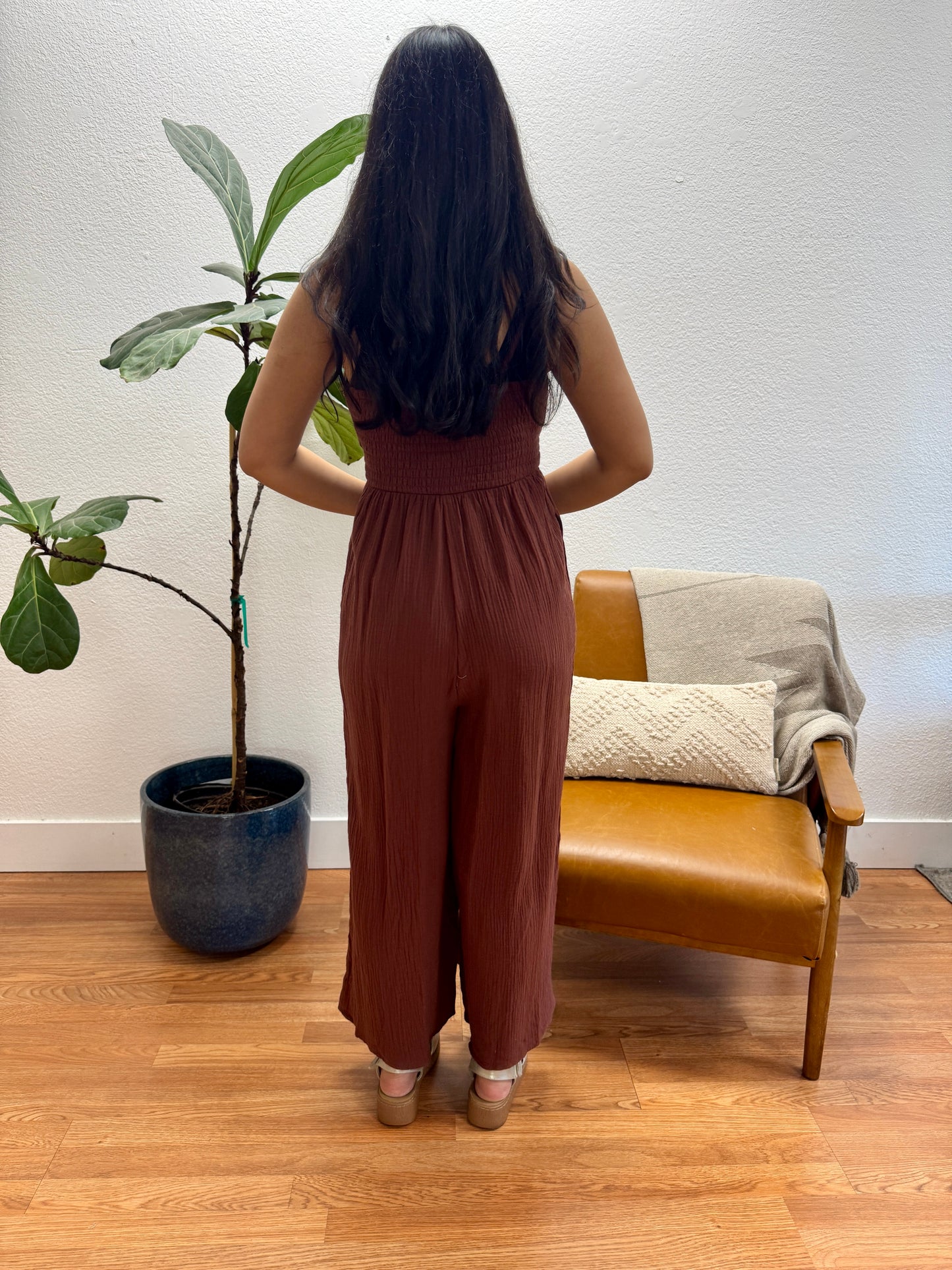 Brown Cotton Smocked Jumpsuit