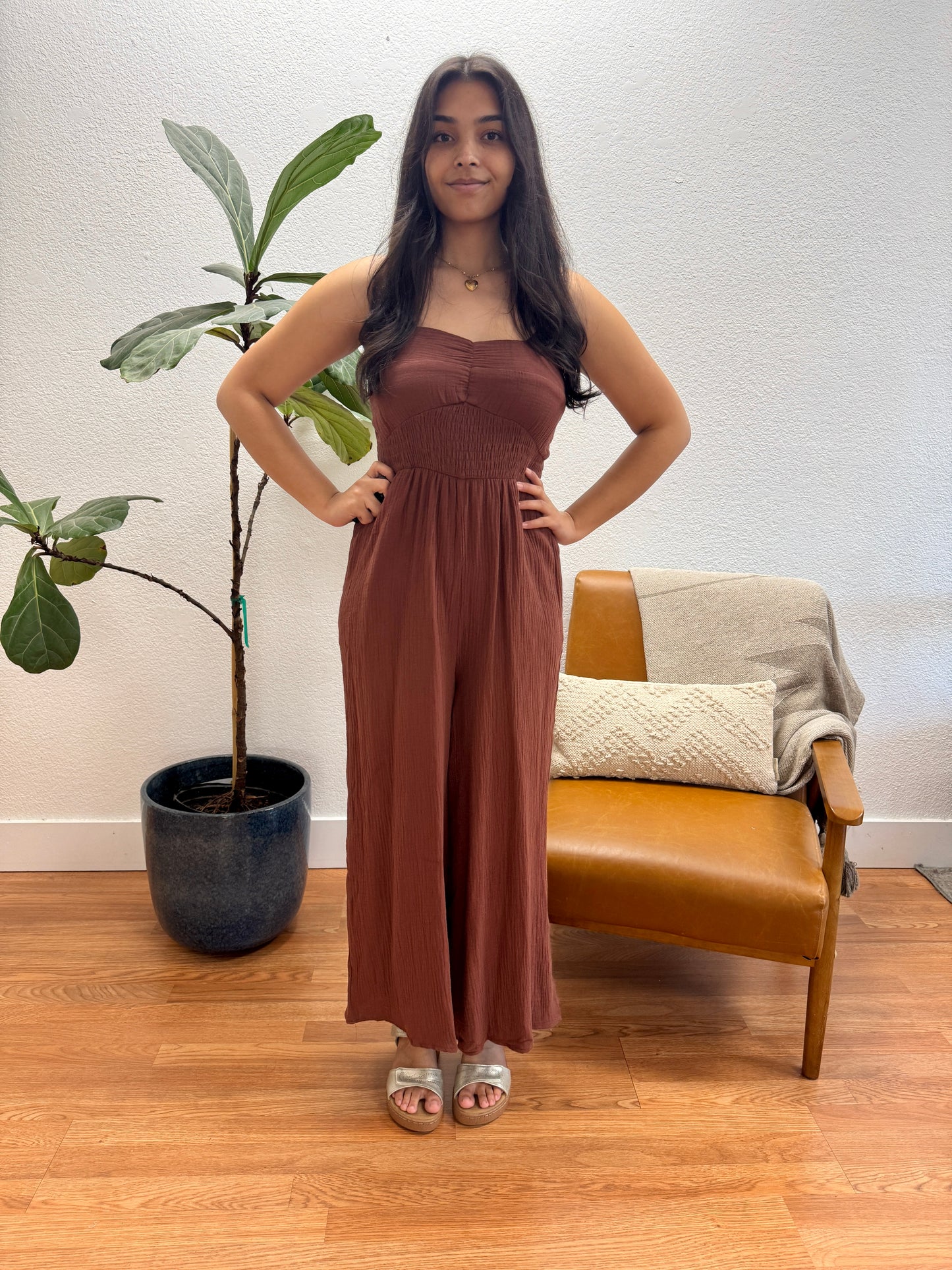 Brown Cotton Smocked Jumpsuit