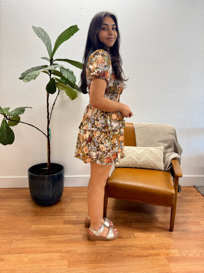 Floral Surplice Tiered Mini Dress