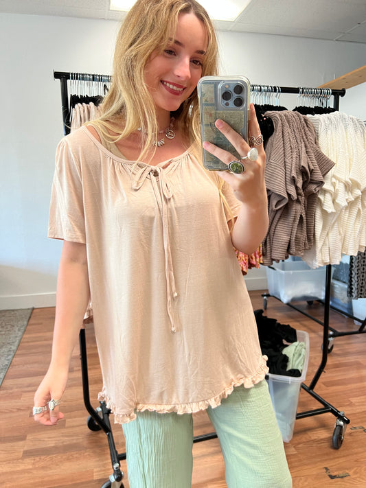 Taupe Front Tie Ruffle Hem Top