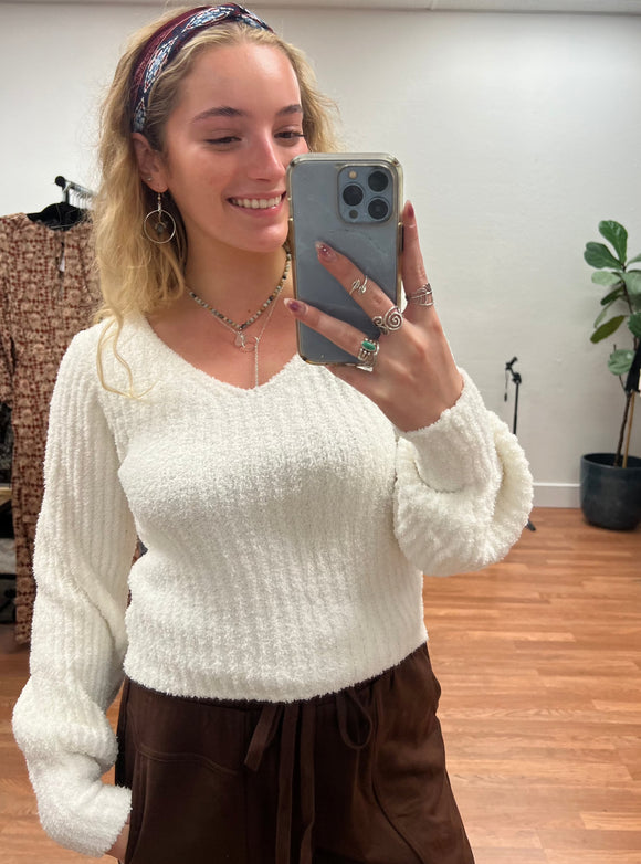 White Plush Cropped Sweater
