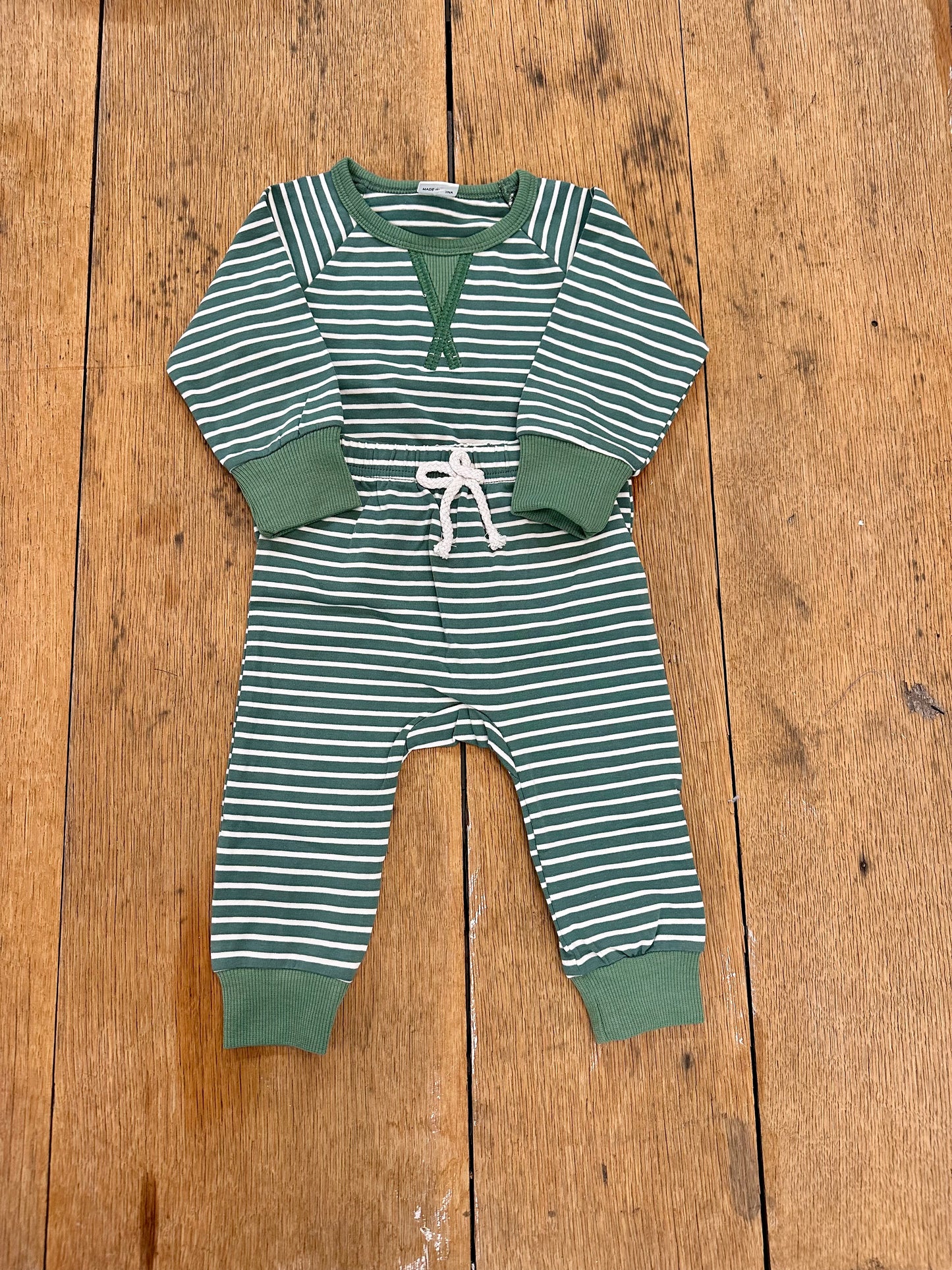 Green Stripe Contrast Stitch Baby Sweatsuit