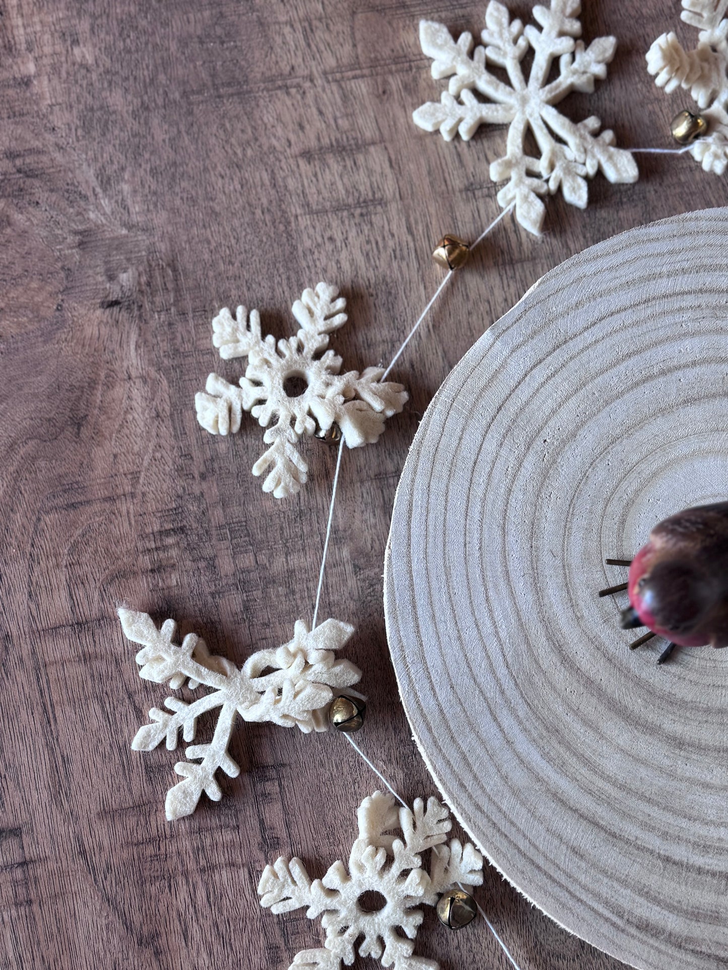 Handmade Wool Felt Snowflake & Metal Bell Garland