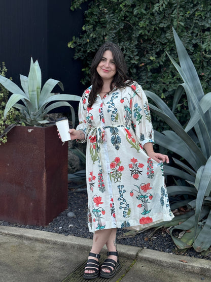 White Floral Tie Closure Shirt Dress