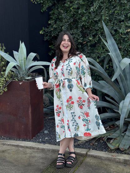 White Floral Tie Closure Shirt Dress