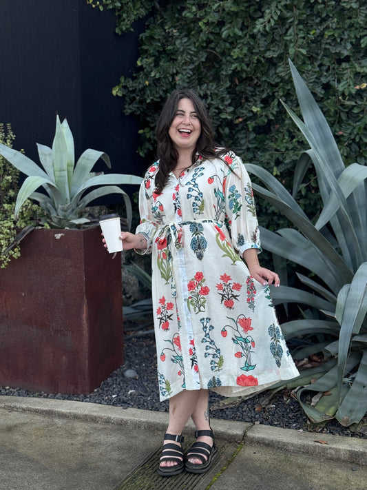 White Floral Tie Closure Shirt Dress