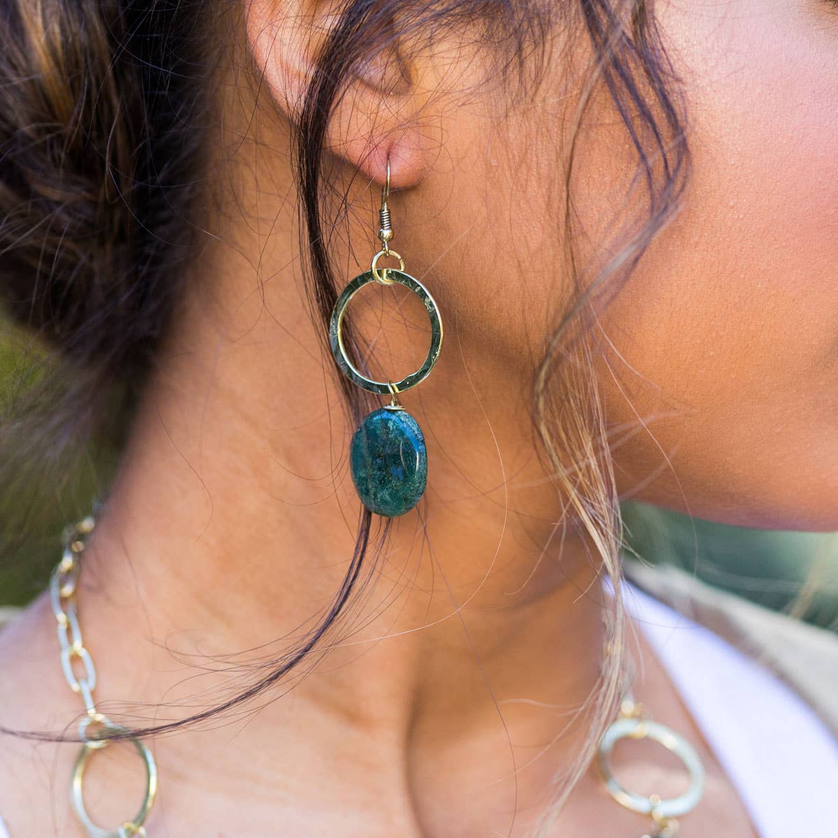 Gold-Plated Long Earrings With Moss Agate Stones