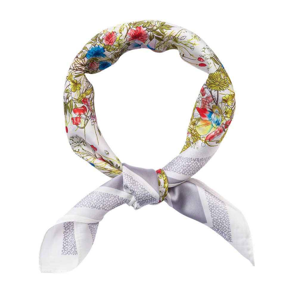Wild Flower Garden Print Square Bandana Scarf: Gray