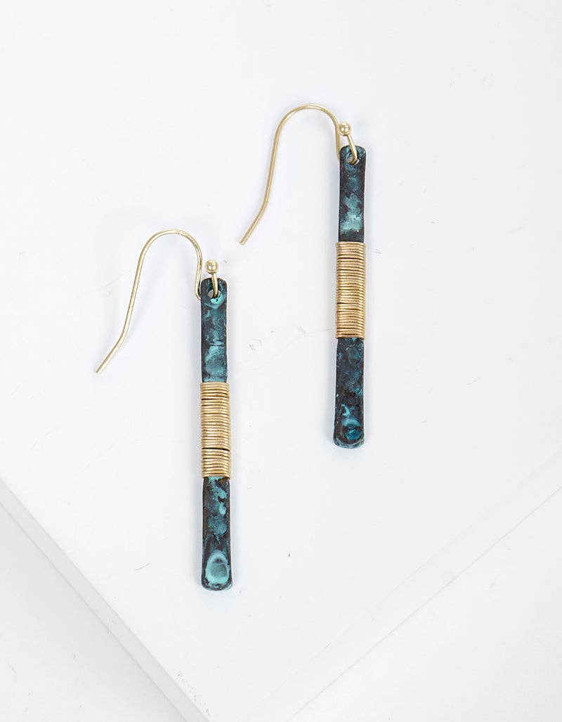 Patina Two-tone Wire Wrapped Hammered Vertical Bar Dangle Drop Earrings