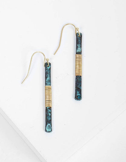 Patina Two-tone Wire Wrapped Hammered Vertical Bar Dangle Drop Earrings