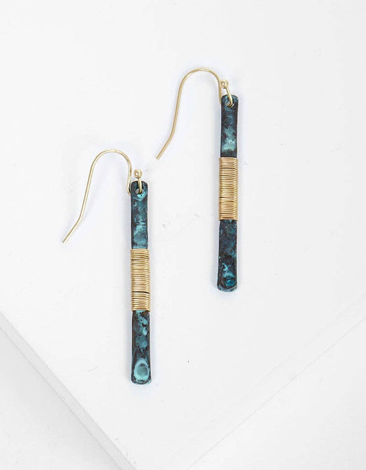 Patina Two-tone Wire Wrapped Hammered Vertical Bar Dangle Drop Earrings