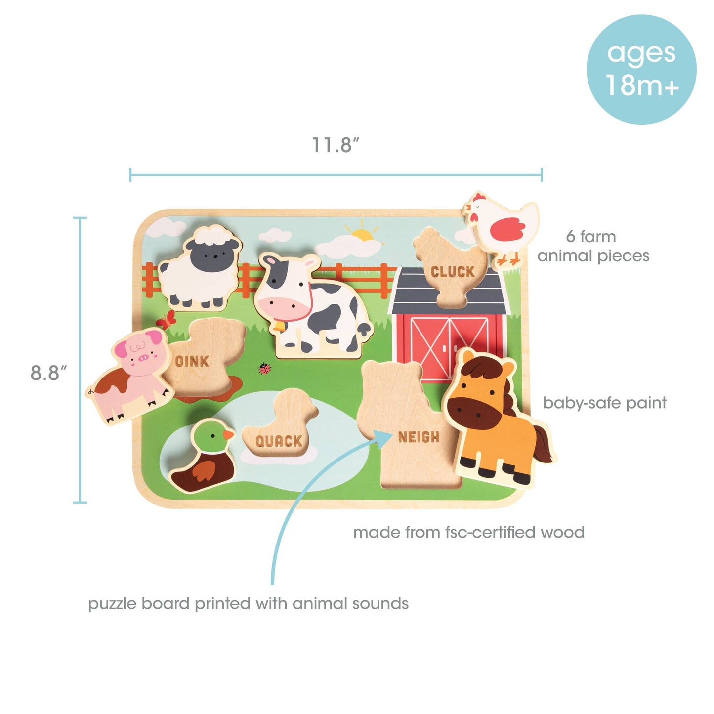 Wooden Barn Animal Puzzle, 6 piece Farm Sounds Learning Toy