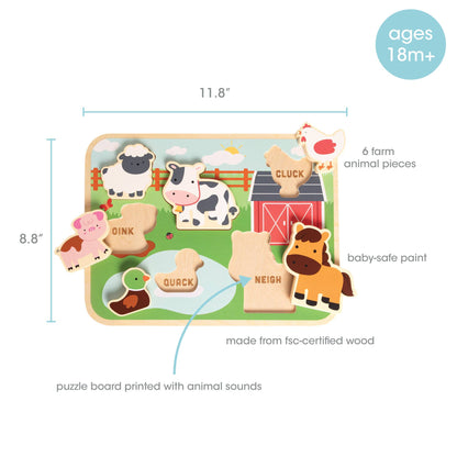 Wooden Barn Animal Puzzle, 6 piece Farm Sounds Learning Toy