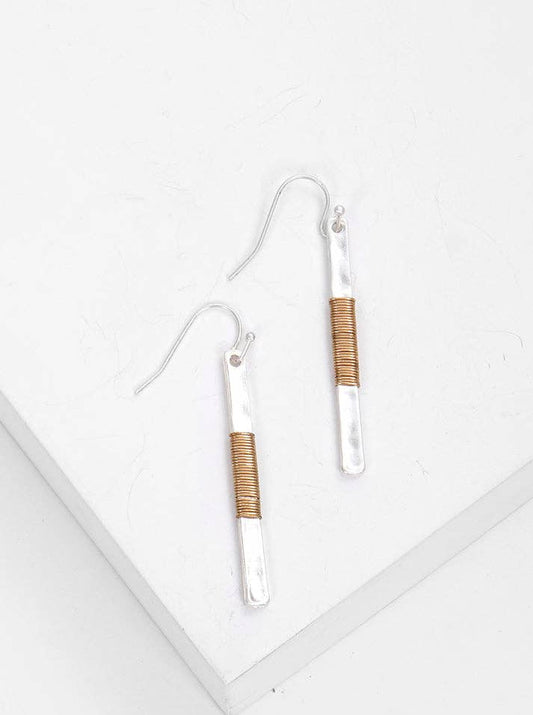 Silver Wire Wrapped Hammered Bar Earrings