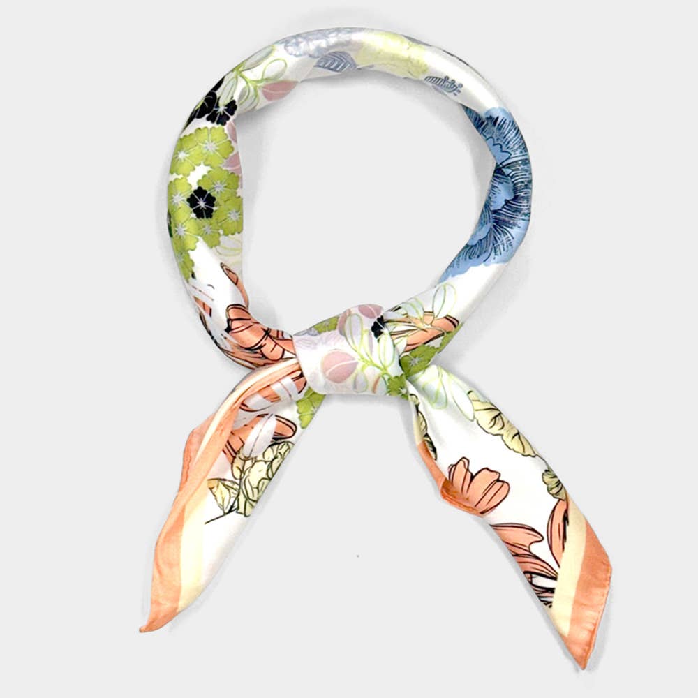 Earthy Floral Garden Printed Square Silky Satin Scarf: CO