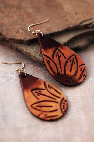 Boho Teardrop Embossed Leather Earrings