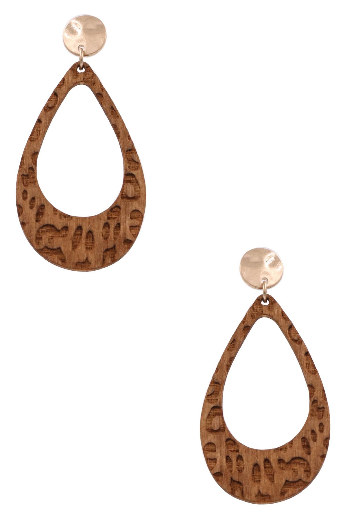 Wood Carved Leopard Teardrop Dangle Earrings