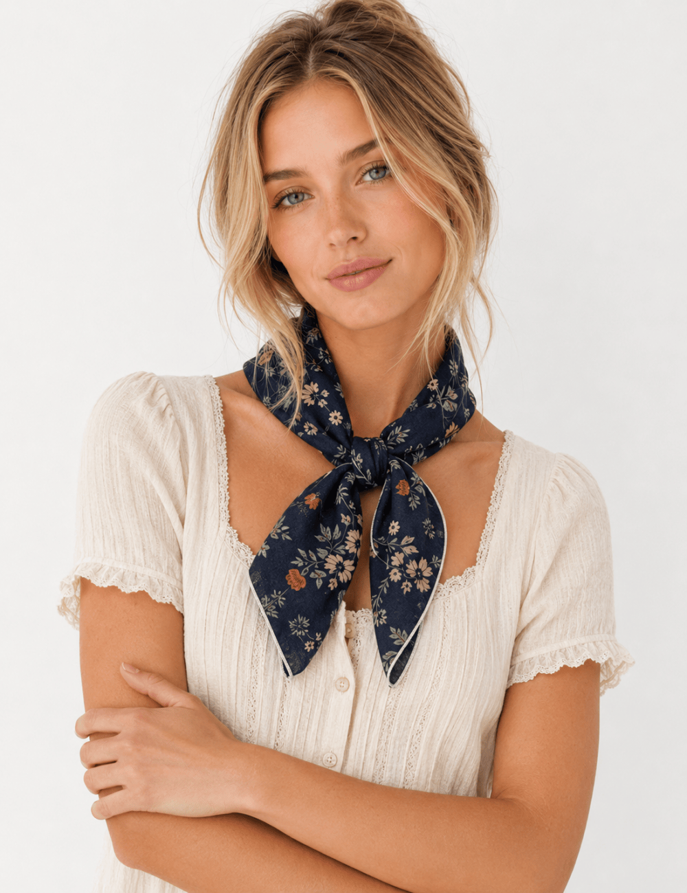 Navy Floral Print Cotton-Linen Bandana Scarf