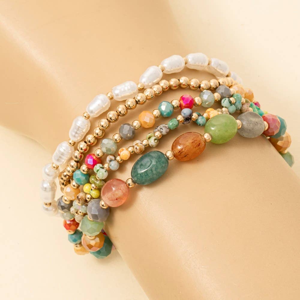 Pearl Faceted And Metallic Beaded Bracelet Set