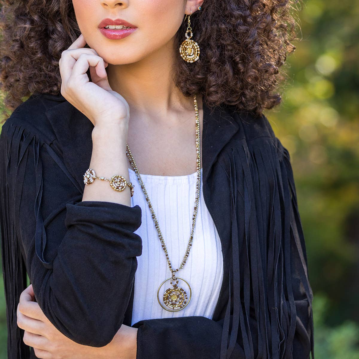 Sachi Coffee & Cream Collection Necklace - Disc in Gold Ring