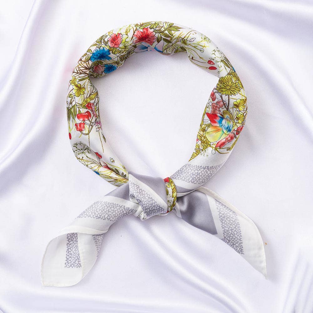 Wild Flower Garden Print Square Bandana Scarf: Gray