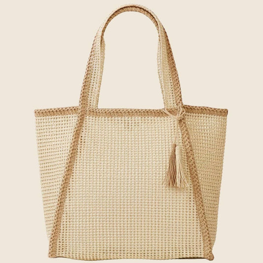 Two Tone Woven Straw Tote Bag: BE - Terra Cottage