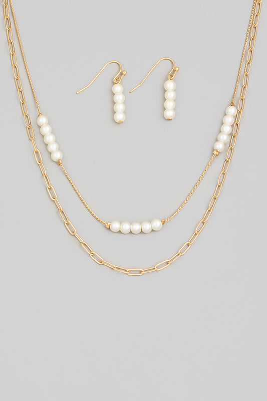 Layered Chain Pearl Charm Necklace/Earrings Set