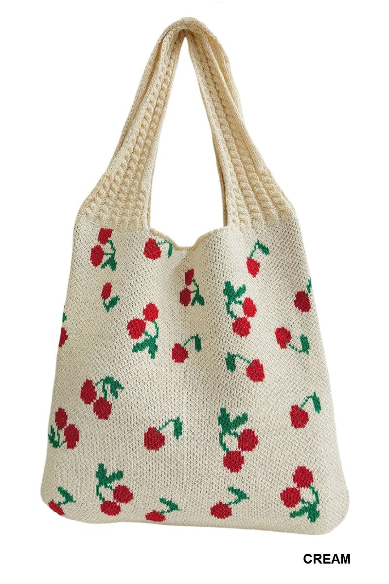 Cream Cherry Knit Crochet Tote