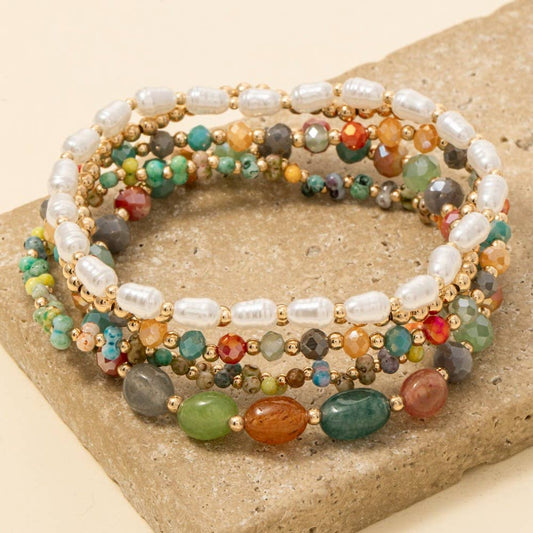 Pearl Faceted And Metallic Beaded Bracelet Set