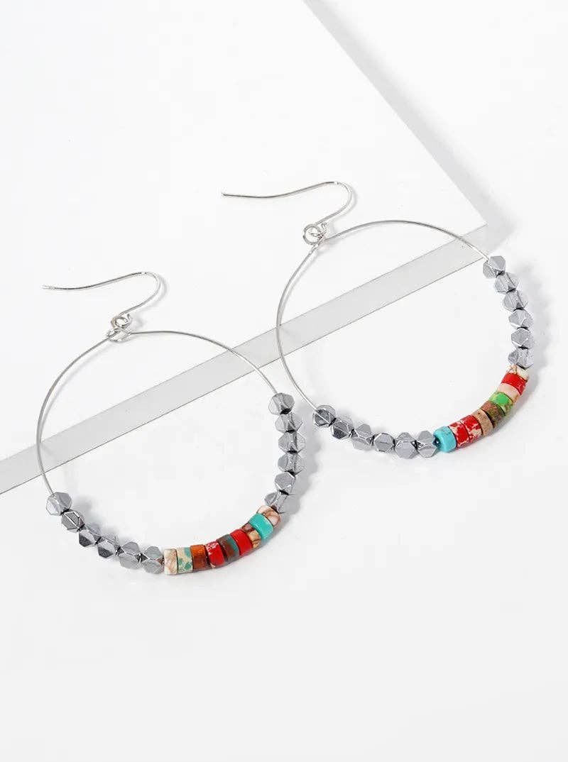 Stone And Metallic Beaded Circle Dangle Earrings