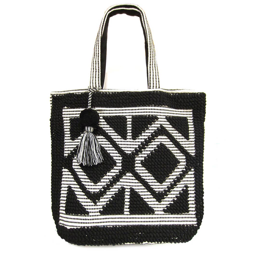Woven Pom Pom Tassel Tote Bag