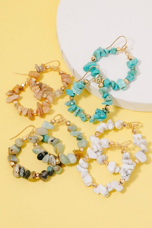 Stone Chip Beaded Hoop Dangle Earrings