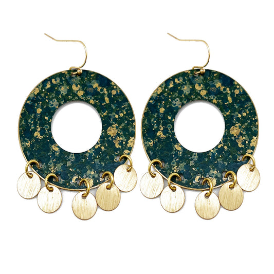 Brass Patina Earrings - Dark Green Circle with Brass Dangles