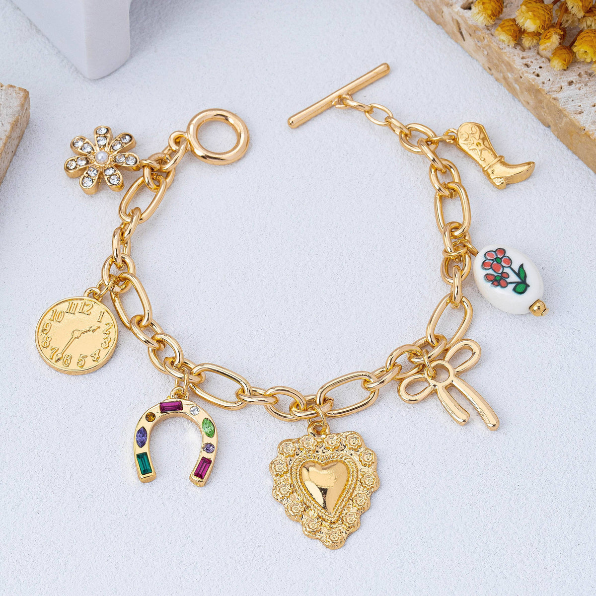 Vintage Inspired Boot Heart Charm Link Bracelet