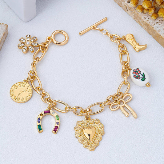 Vintage Inspired Boot Heart Charm Link Bracelet