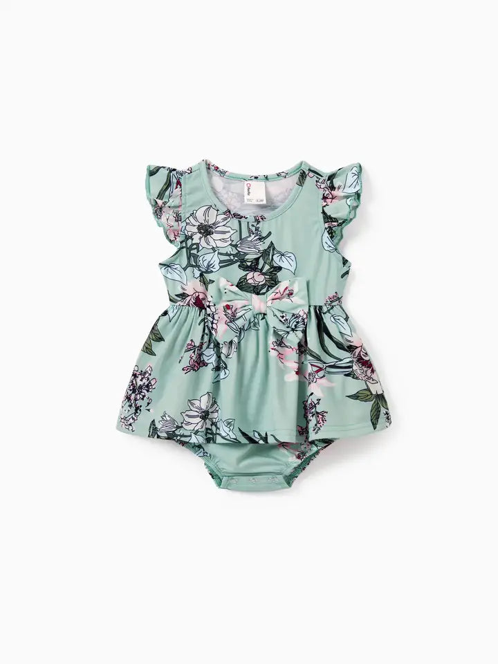Girls Green Floral Sleeveless Romper