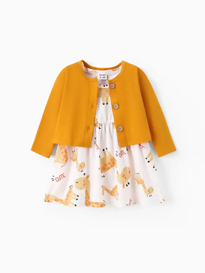 Girls 2 Piece Giraffe Dress & Cardigan Set