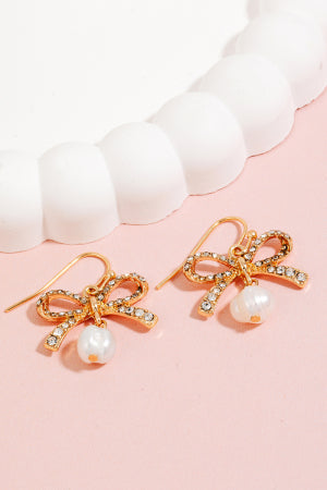 Pave Ribbon Bow And Pearl Dangle Earrings