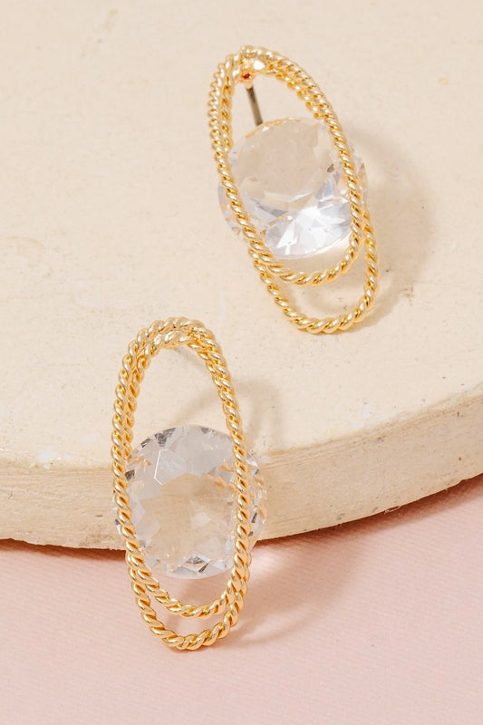 Gold Metallic Oval Rope & Gem Stud Drop Earrings