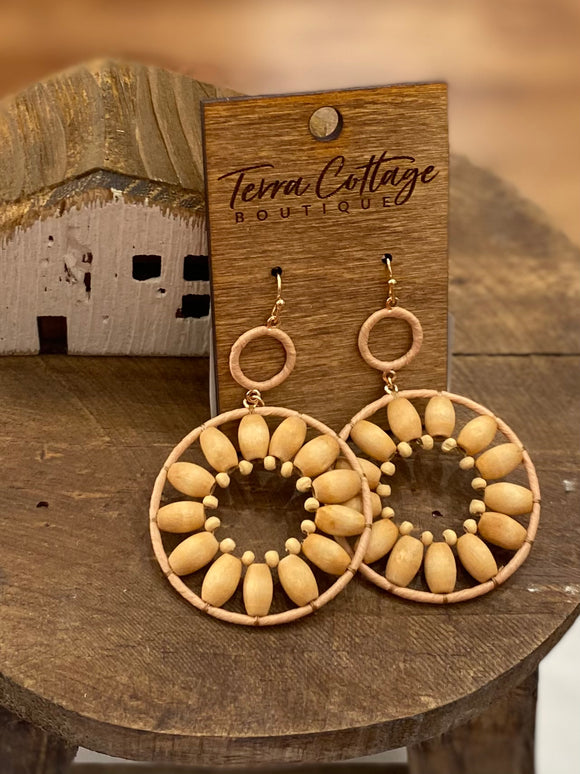 Natural Wrapped Ring Wood Bead Earrings