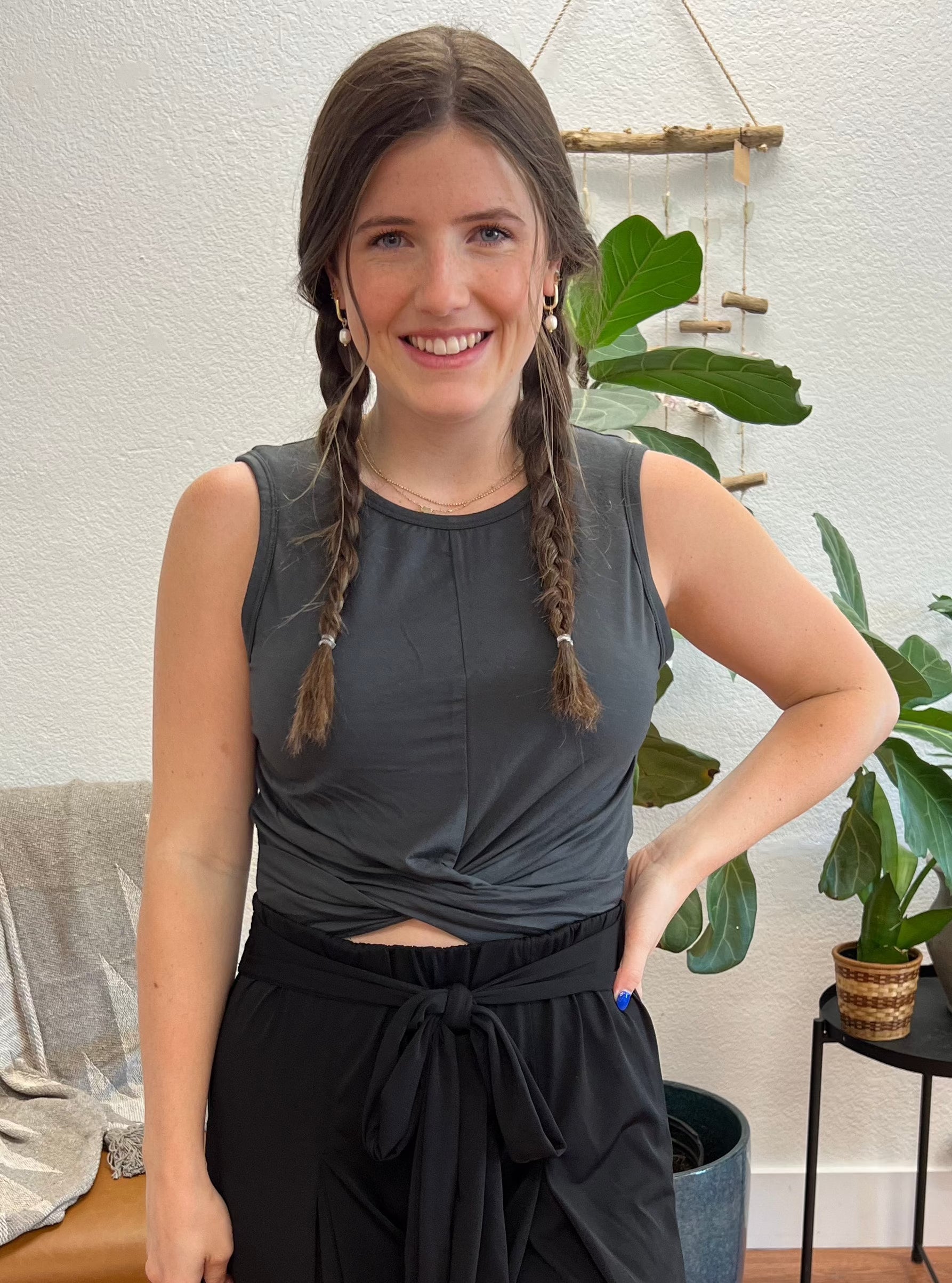 Ash Grey Twist Front Crop Tank Terra Cottage