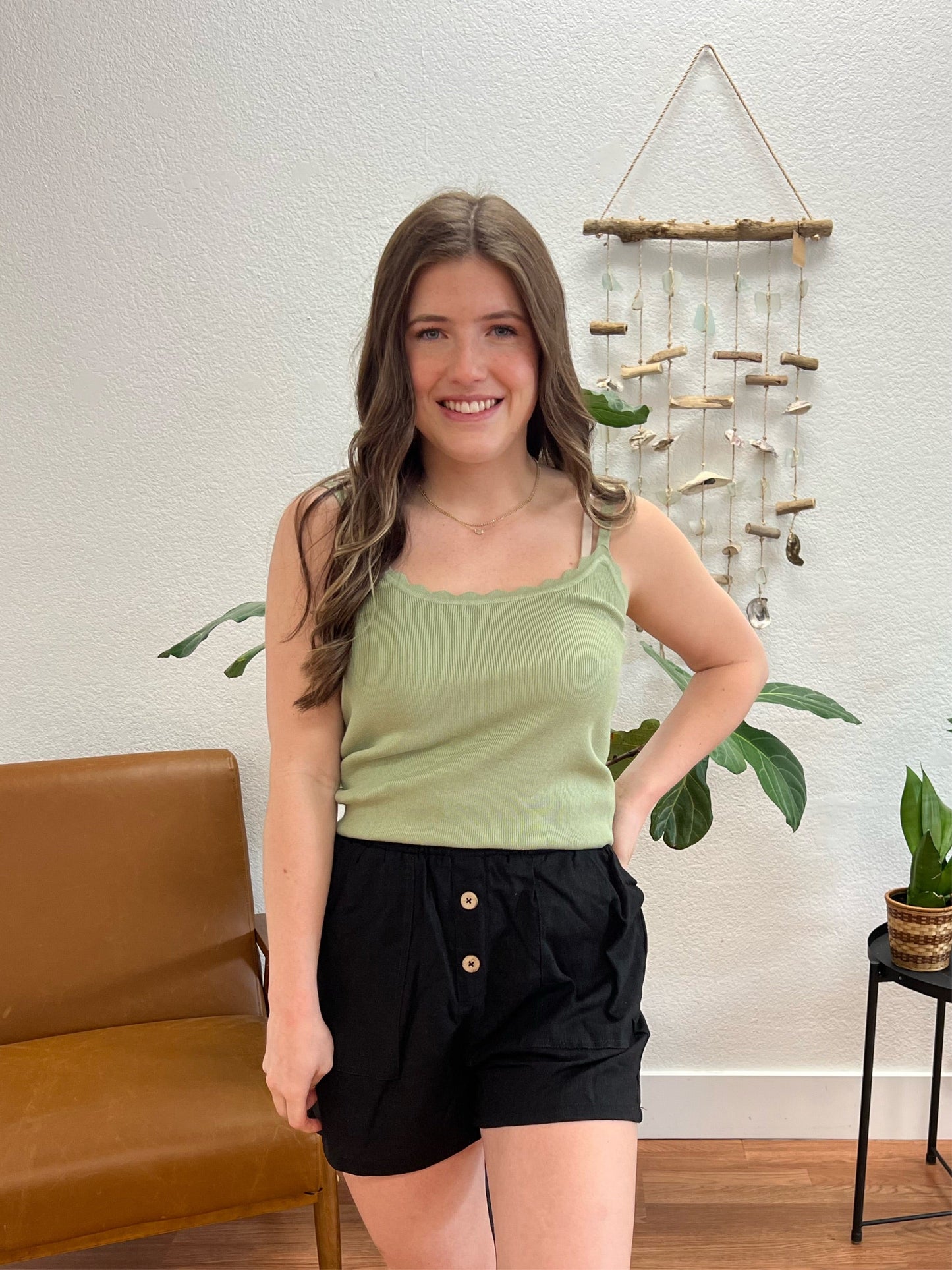 Olive Scalloped Knit Cami