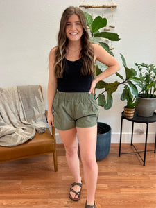 Sage Smocked Waist Windbreaker Shorts