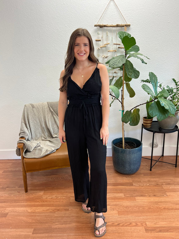 Black Surplice Neckline Jumpsuit