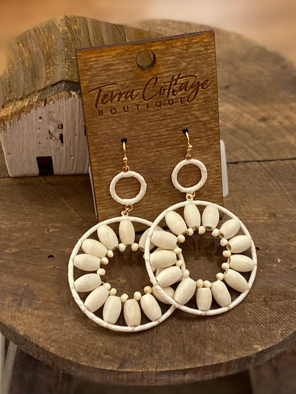 White Wrapped Ring Wood Bead Earrings