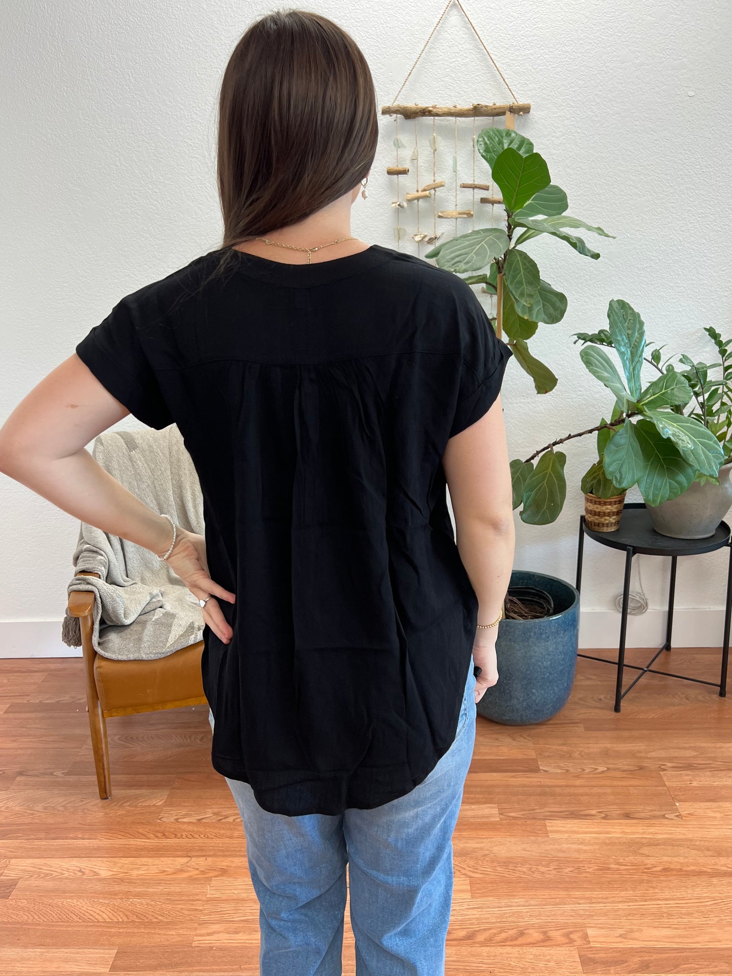 Black Rolled Sleeve Woven Top