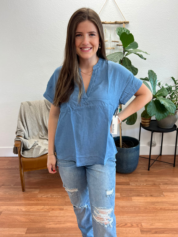Chambray V Neck Blouse